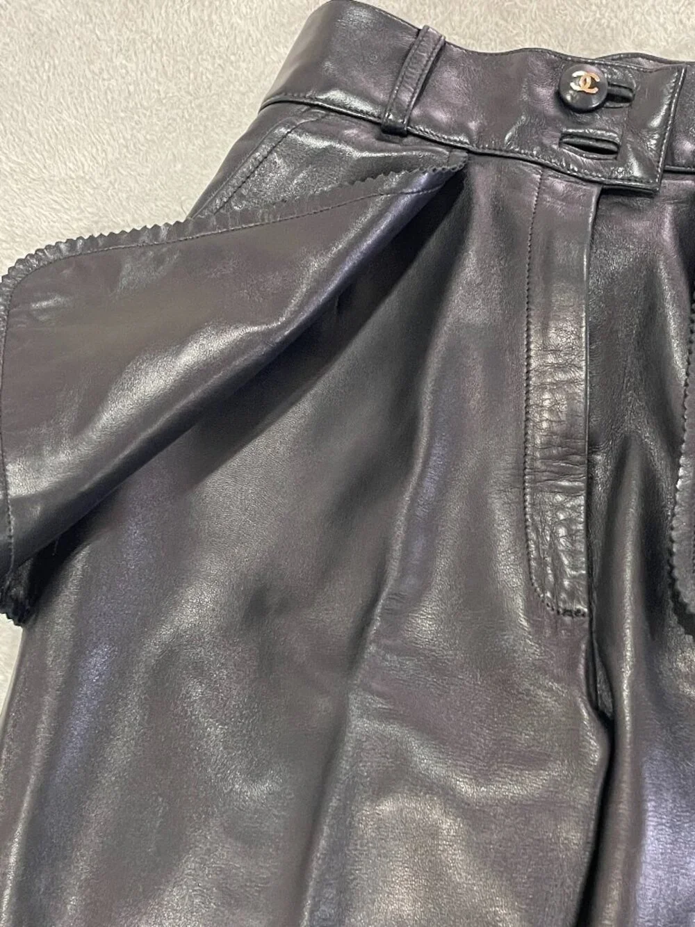 Vintage Chanel Black Leather Pants with Flap Pockets Size 24